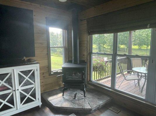 Wood stove and rock hearth