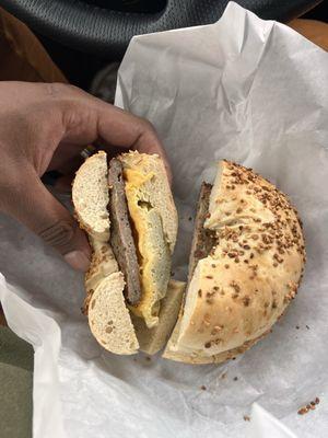 Sausage Egg and Cheese on a garlic bagel