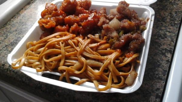 Carry-out: low mein, peppercorn chicken and orange chicken.