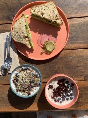 Avocado and Greens Sandwich, Chia with Berries Bowl and Kiddo's Oat Bowl