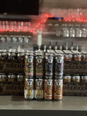 Cans of sours and IPAs from Drekker out of North Dakota.