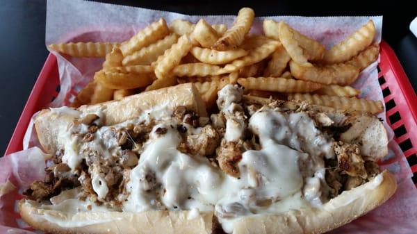 Chicken cheesesteak with mushrooms and provolone cheese!  Amazing!!