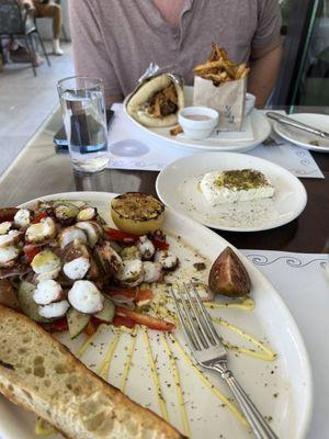 Octopus salad with feta block and lamb pita both perfect.