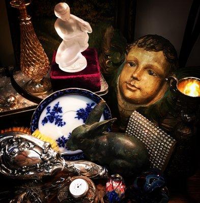 treasures including lalique figurines, silver plate and rhinestones