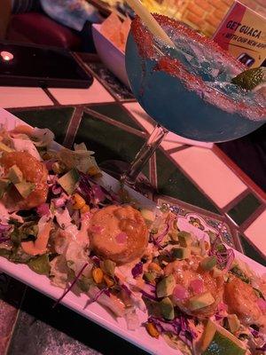 Blue moon margarita (ask it's not on the menu) and Mayan shrimp