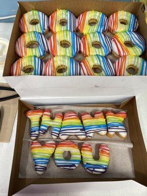 Custom order, glazed donuts with rainbow drizzle