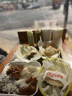 top to bottom, left to right: Beef Shredded Arepa, Beef Shredded Empanada/Pastelito Ground Beef and Rice, Pabellon Plate, Pabellion Arepa