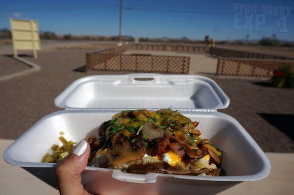 Texas Tater - mine has Mushrooms, Broccoli, Jalapenos, Cheese, Sour Cream, Chives, Cilantro... uhh.. maybe more