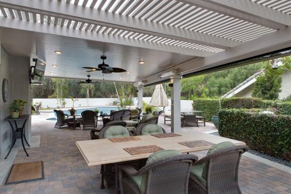 Lattice and solid combination with heaters, Fans, Recessed lights, and custom square columns