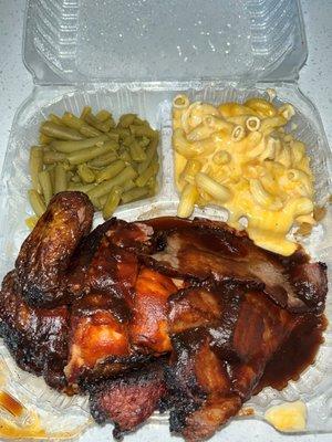 Ribs and chicken, green beans and mac.