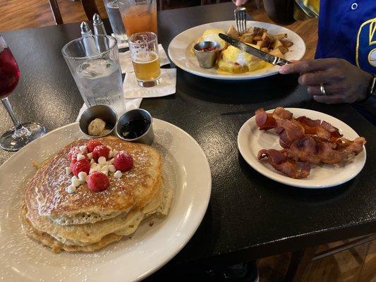 White Chocolate Raspberry Pancakes, bacon, egg hollandaise breakfast special