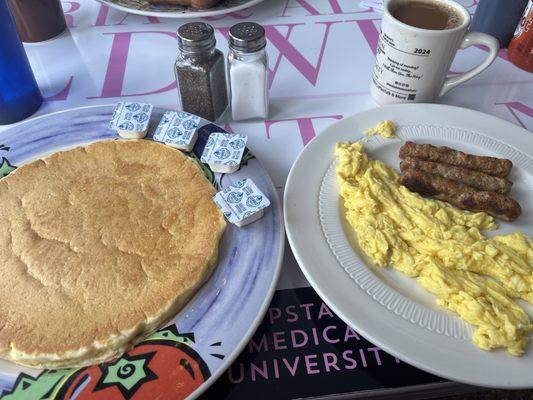 Lightweight breakfast - scrambled, sausage links & one pancake - perfect!