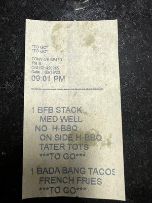 Receipt of my order. Took more than 1 hr to get to me. I did not get any bbq sauce in my order as well.