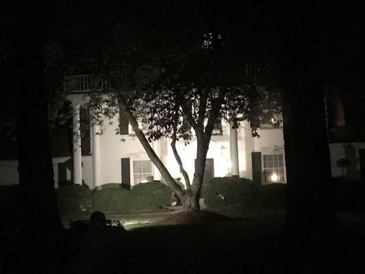 The front of the house after dark.