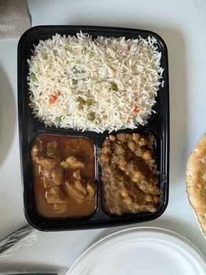 Mixed Platter with Basmati Rice, Chicken Curry, and Chana