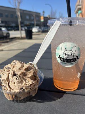 Single scoop of Better Brownie Batter and a sparkling lemonade with pineapple and peach flavors