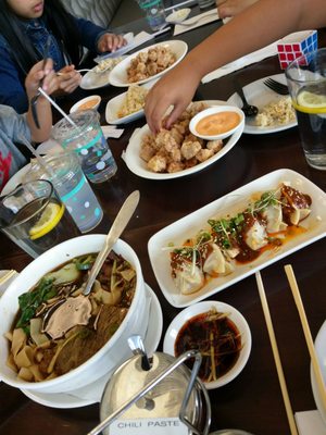 Beef soup spicy dumpling popcorn chicken, fried rice