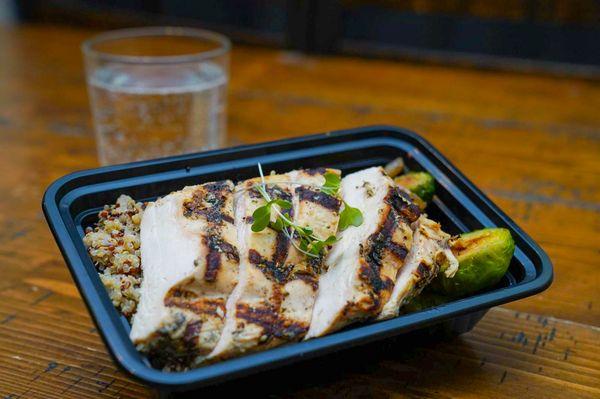 "Clean" Menu Dinner: Grilled Chicken, Quinoa, Roasted Brussels Sprouts, Caramelized Onions.