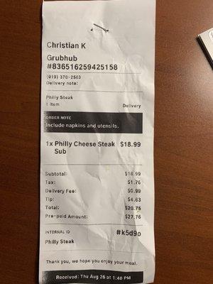 Grub Hub receipt