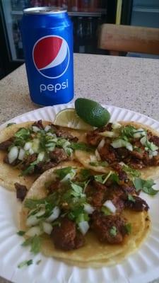 My 2 tacos al pastor and 1 carne asada, excellent!!!