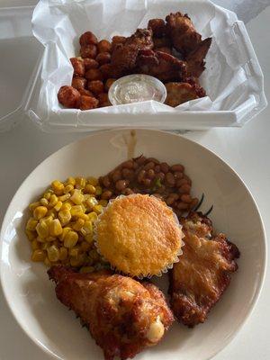 Chicken wings, bbq beans, corn and cornbread. Chicken wings, slaw and sweet potato tots.