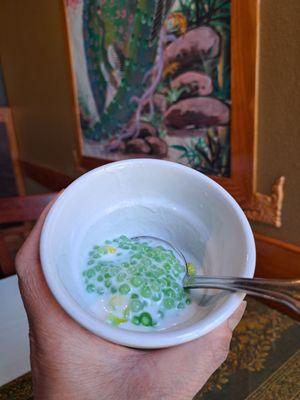 Thai Tapioca is complimentary with lunch specials. Green tapioca, coconut milk, and corn.