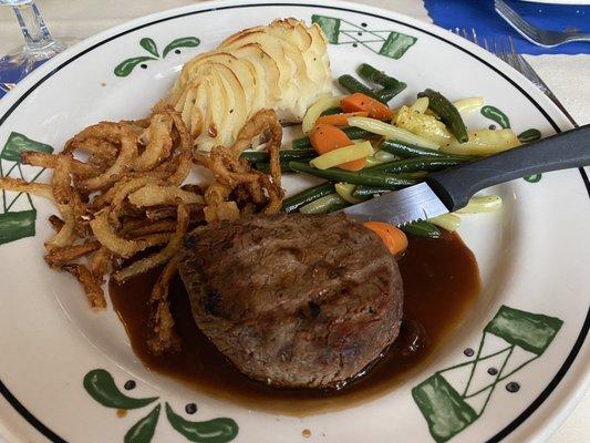 Filet mignon with twice baked potato. As good as it looks.