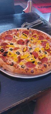 Pepperoni, Olives and Pepperchinis.