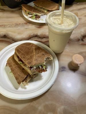 Chicken sandwich combo with a passion fruit shake