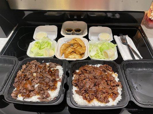 Beef Teriyaki, 8 Pieces Gyoza, and side salads