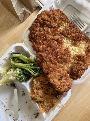 Lunch special: Pork cutlet (huge), broccoli, sauerkraut (with meat!)