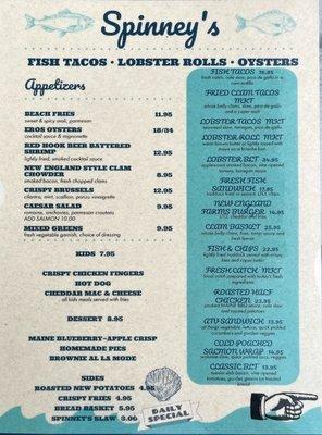 Front page of the menu