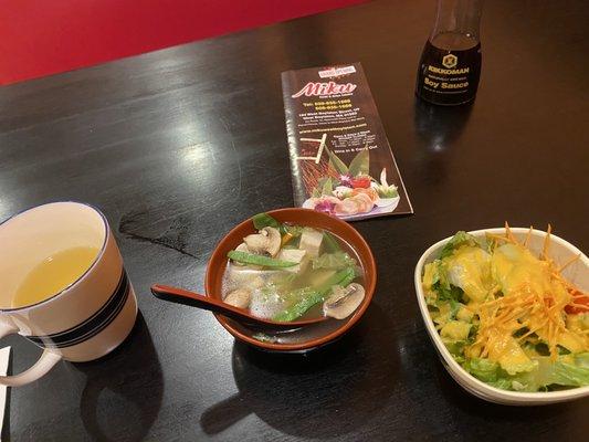 Super fantastic, green tea, tofu and vegetable soup, and green salad