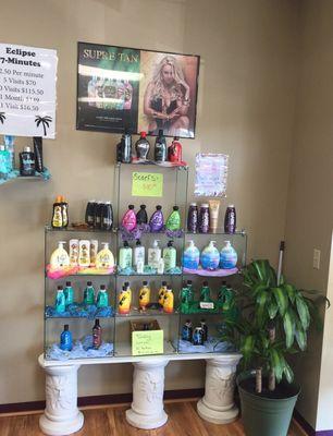 A large variety of bronzers , maximizers , tingle lotions , hypoallergenic  lotions  and after care skin moisturizers products