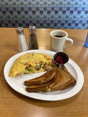 Farmer's Omellette with wheat toast and strawberry preserves.