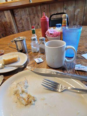 2 eggs,  hashbrowns and gravy with a baking powder biscuit and coffee.