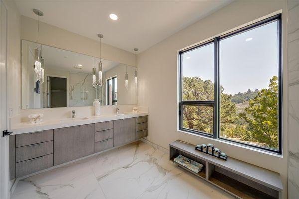 Floating 2 sinks master vanity grey stain finish white oak rift cut wood with 3 " thick white quartz countertop