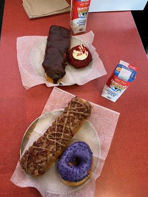 Maple bacon bar, K-State doughnut, red velvet, and chocolate bar.