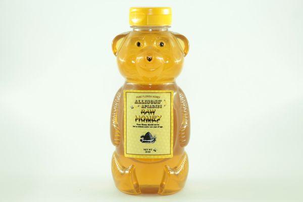 Allisons' Apiaries Orange Blossom 24 oz honey bear bottle. Visit allisonsapiaries.com.