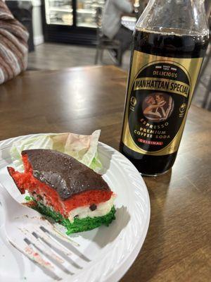 Rainbow cookie cake. Espresso soda