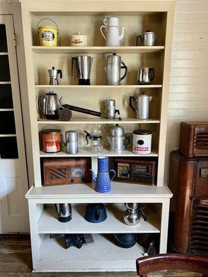 Coffee related antiques in dining area..