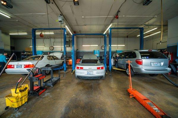 The Garage in Renton - interior service bay. We keep our work area clean and tidy for maximum efficiency!