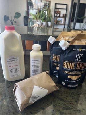 Raw milk, raw cream, grass fed ground beef and bone broth.