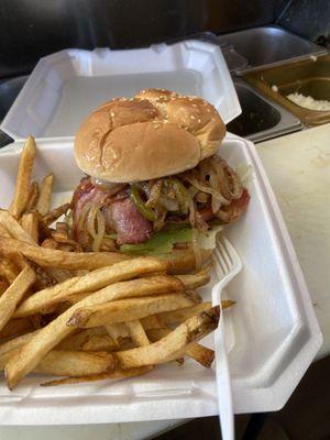 Bacon Cheese Burger with Grilled Onions and French Fries