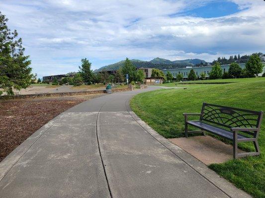 Wide walking paths, benches along the way.