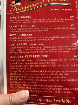 Menu for the pedicure.. I did the luxury one!