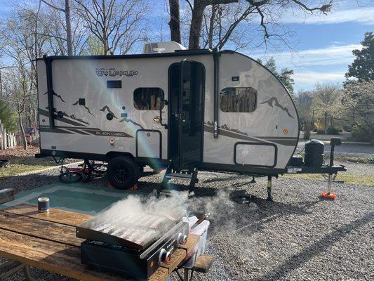 Trailer at campsite.