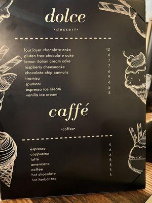 Desserts and coffee menu