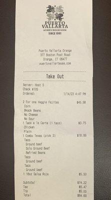 Receipt showing order was wrong and to verify cost.