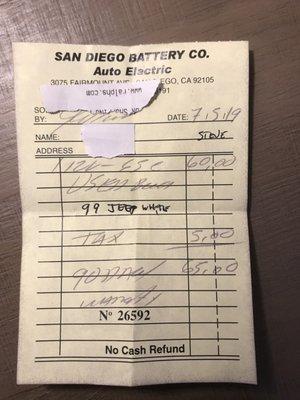 Receipt of the used battery I got